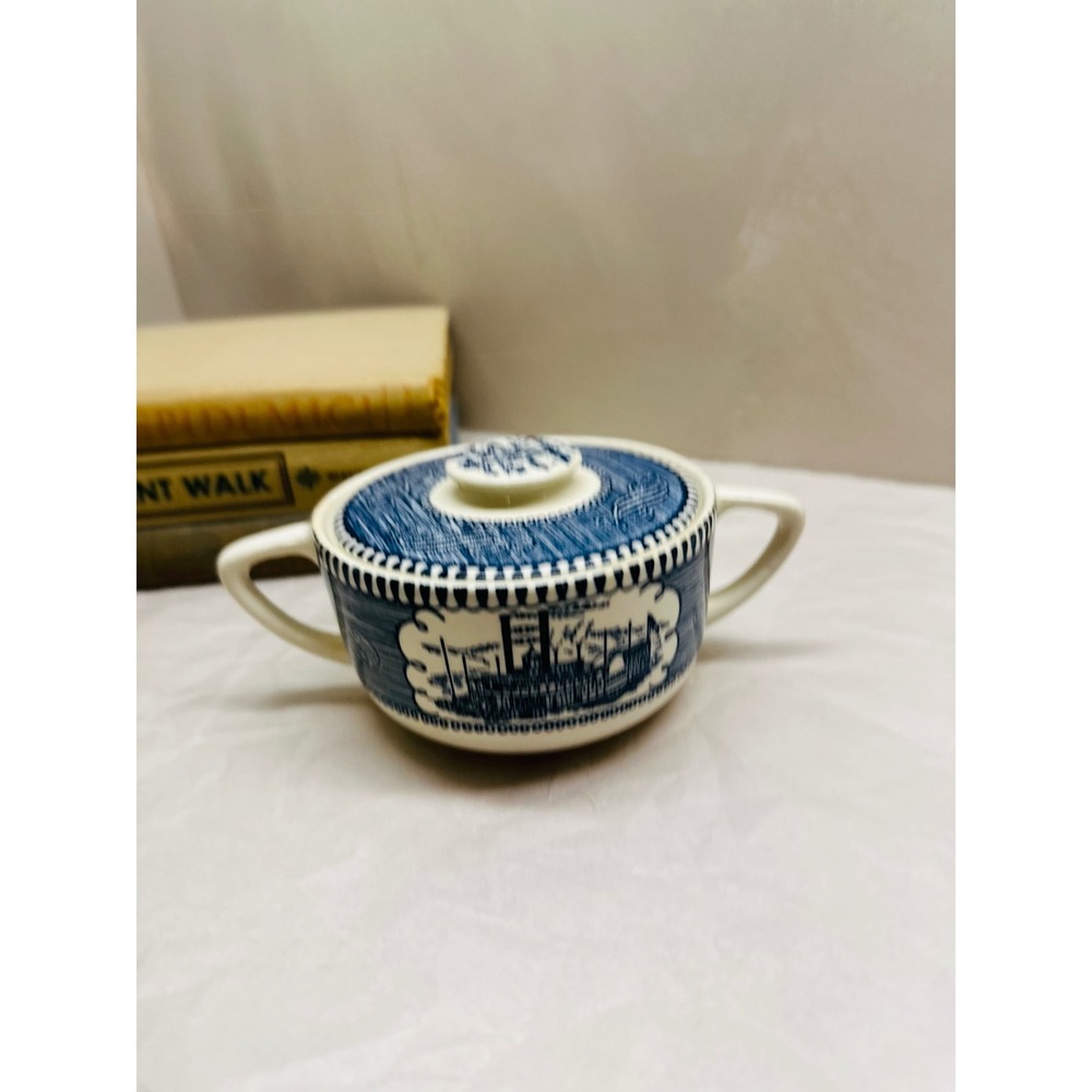 Vintage Blue White Transferware Courier & Ives Covered Sugar Bowl Riverboat